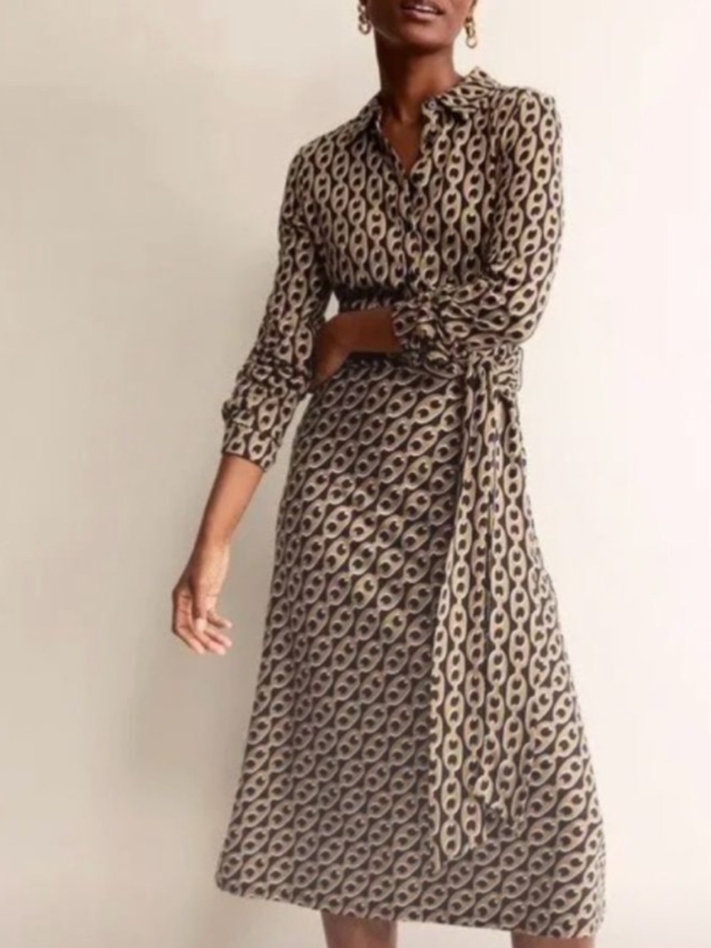 Boden Geometric Chain Print Shirt Dress Belted Midi Dress Brown Black US 16-18L